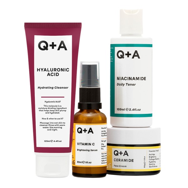 Q+A Skincare Heroes Bundle - Καθαριστικό Προσώπου 125ml, Τονωτική Λοσιόν Νιασιναμίδης 100ml, Serum Βιταμίνης C 30ml, Ενυδατική με Ceramides 50gr